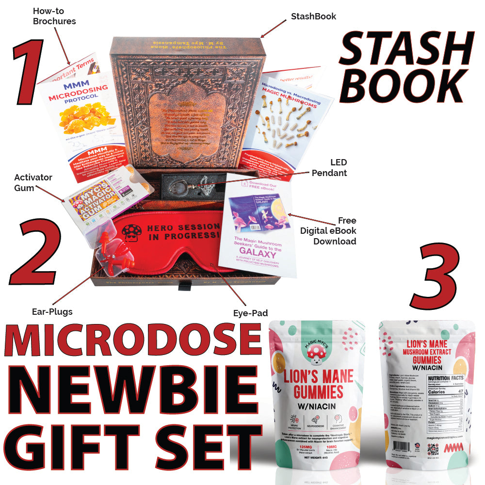 Microdose Newbie Gift Set - Stashbook + Activator Gum + Lion's Mane Gummies. Everything Needed to start!